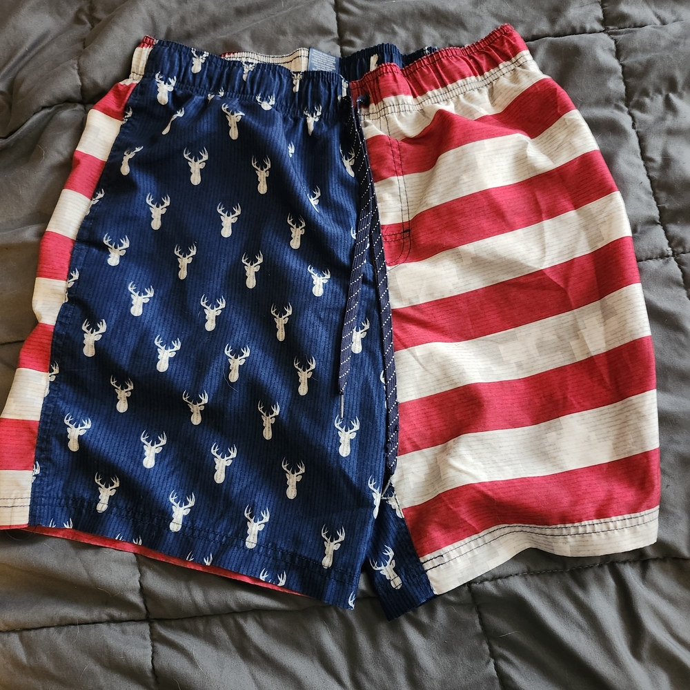 George Men's Swim Trunks Shorts Lined Size M (32-34) Red White Blue Deer Print